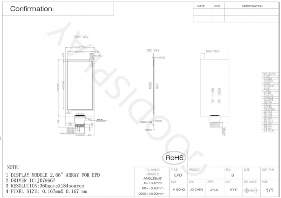 2.66' 4 Cor 360*184 JD76997 Baseado em E-paper Display EPD Standard