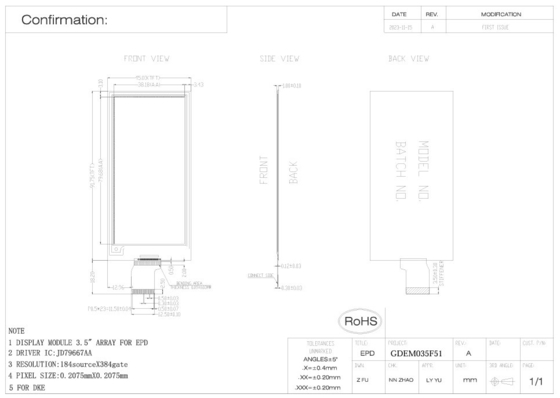 3.52' 4 Cor 384*184 Jd79667AA Baseado em E-Paper Display EPD