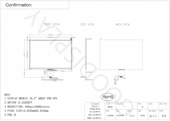 10.2' 4 Cor 640*960 E-paper Display SSD2677 Baseado em EPD