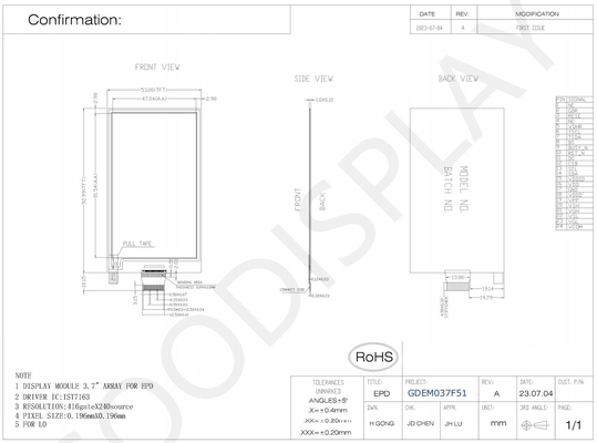 3.7'4 Cor 416*240 IST7163 Baseado em E-paper Display EPD