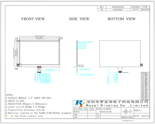 7.5'' monocromo 800*480 em escala de cinza E-paper display LCD Modulo para ESL