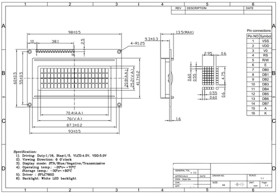 20*4 STN Azul 6H 5V caracteres positivos LCD Modulo de exibição industrial