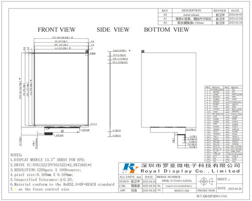 13.3' 6 cores 1200*1600 E-paper display alta iluminação